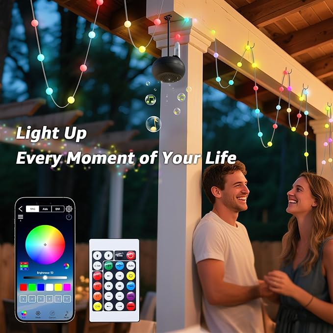 uuffoo Outdoor String Lights with Portable Speaker, 33ft LED Outdoor Color Changing Fairy Lights with IP44 Water-Resistant Dual Pairing Mini Speaker for Patio, Outside, Party, Decorations