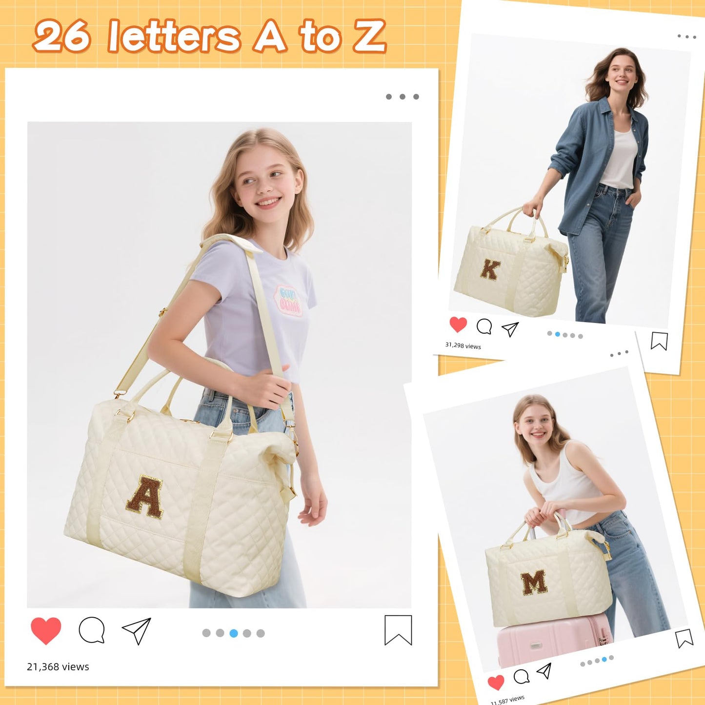Gifts for Women, Initial Travel Duffle Bag, Personalized Weekender Overnight Bags, Gift for Mom Friend College Girl Graduation Teacher（Beige,A)