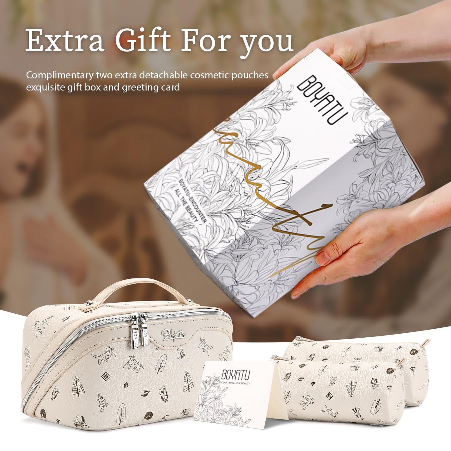 BOYATU Travel Makeup Bag Cosmetic Bags for Women: 3 Pcs Set Portable Make up Bag with Handle - PU Leather Toiletry Bags with Compartments - Makeup Organizer for Travel Essentials(L-4-White)