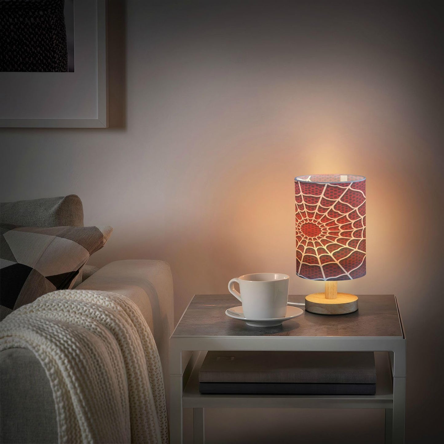 White Spider Web Red Dot Table Lamp for Bedroom Bedside Lamp Desk Lamps Cylinder Nightstand Lamp for Living Room Office Decor