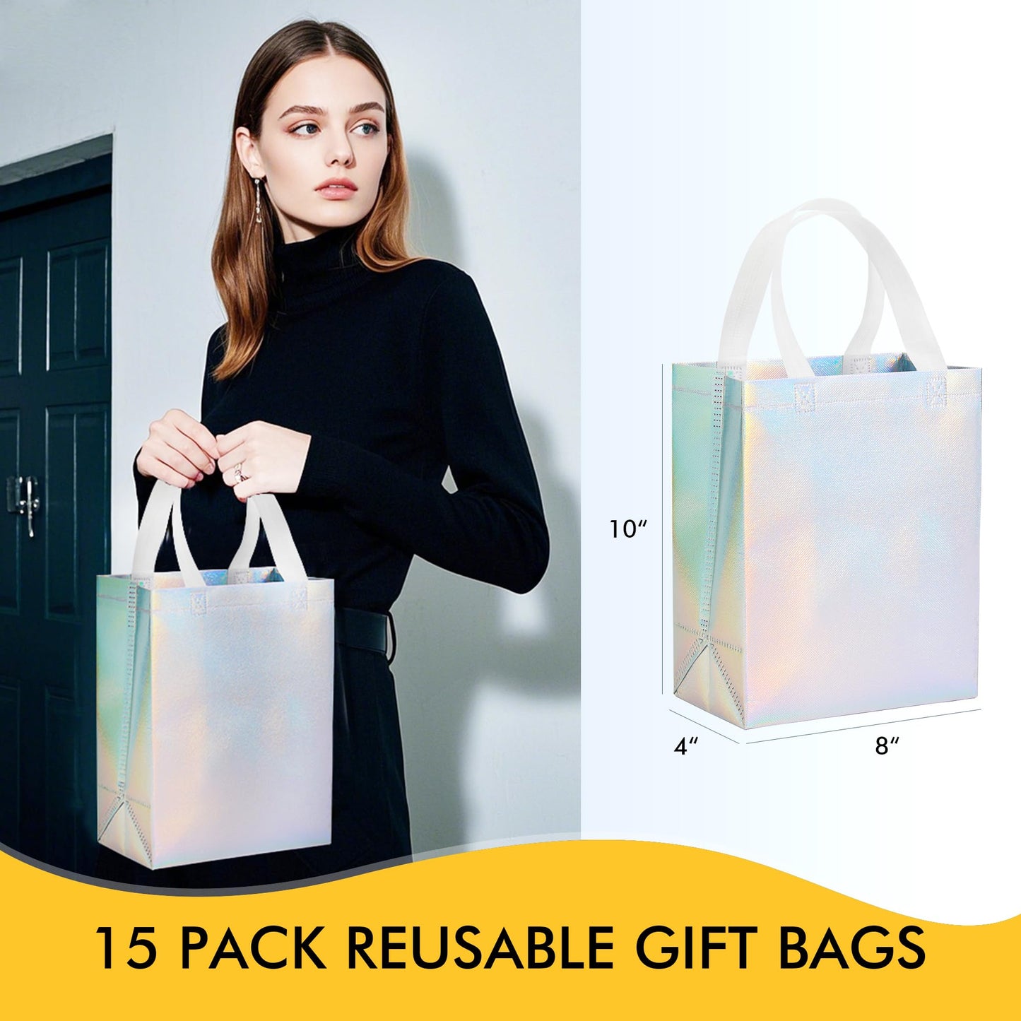 RACETOP 15 Pcs Iridescent Glossy Gift Bags Medium Size, 8x4x10 Inch Holographic Reusable Gift Bags with Handles, Ideal for Birthday, Wedding, Bachelorette, Party Favors, Holiday Goodie