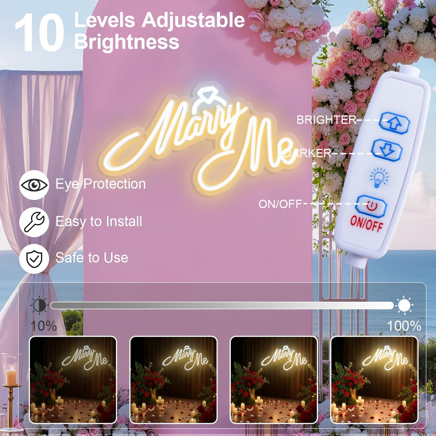 Miootly Marry Me Neon Sign, LED Neon Sign Wall Decor for for Engagement Proposal Wedding Ceremony Backdrop Wall Background Decorations, 16"x 9" USB Powered 10 Warm Brightness Light up Letters Signs