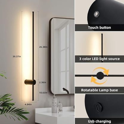 LED Wireless Wall Sconce with Remote Control, Dimmable/350° Rotate/Timing/USB Rechargeable Battery Powered Indoor Wall Lamps, 39.9 inch Black Wall Lights Set of Two for Hallway, Living Room, Bedroom