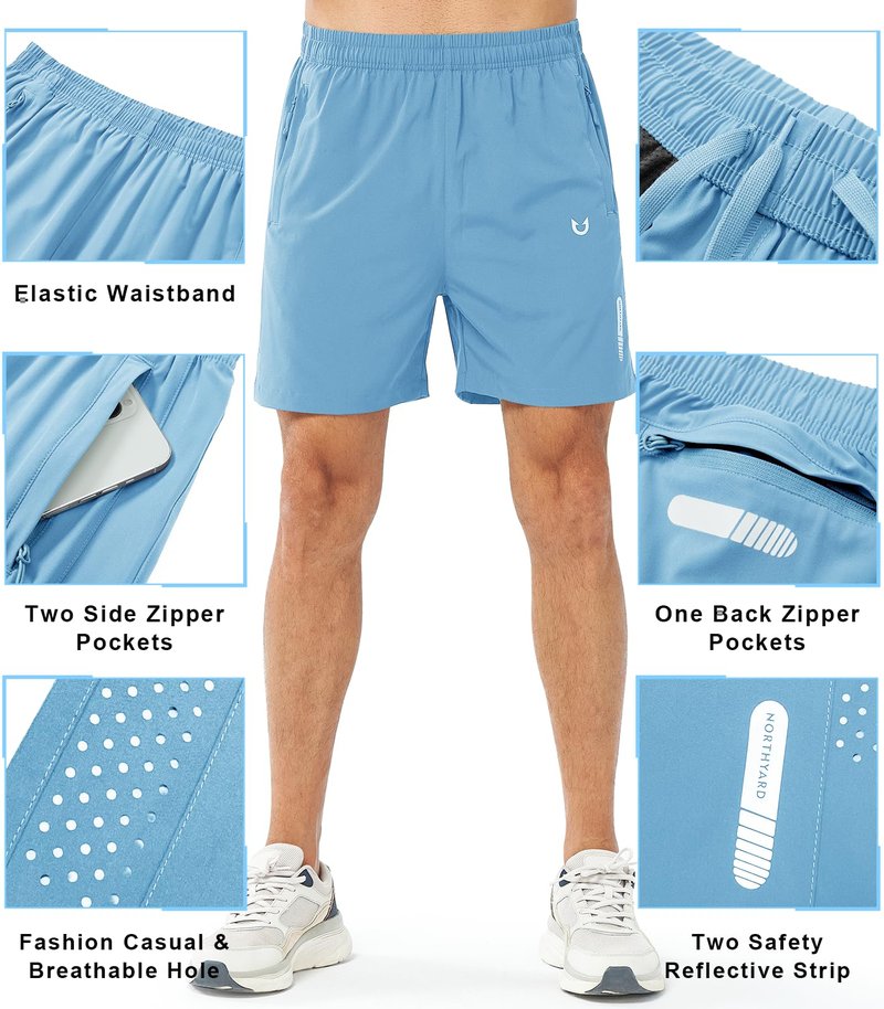 NORTHYARD Men's Athletic Running Shorts Gym Workout 7"/9"/5" Quick Dry Lightweight Sports Basketball Tennis 3 Zipper Pockets SKYBLUE-5inch 3XL