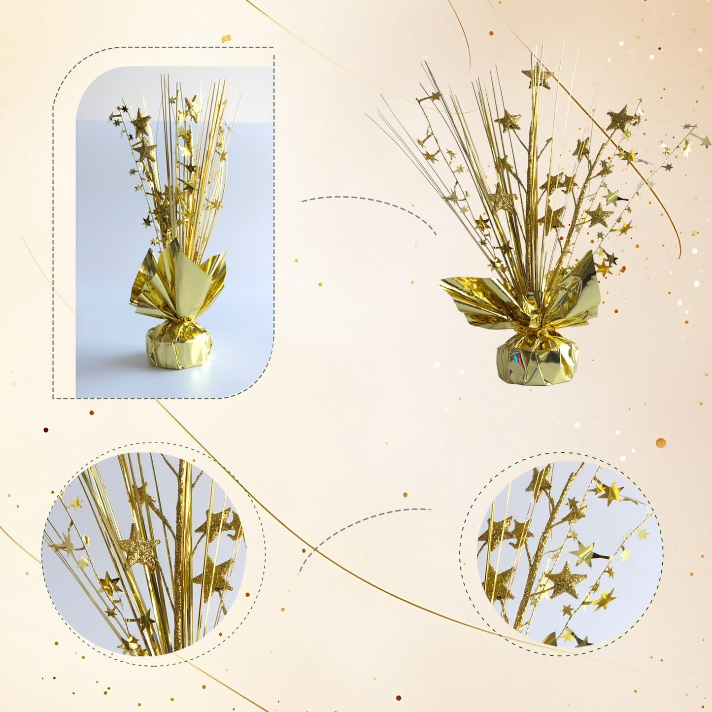 Egolot 12 Pack Metallic Gold Foil Spray Centerpieces Stars Brust Table Centerpieces for Wedding Birthday Anniversary Holiday Party Decor, Metallic Star Balloon Wights for Party, Table Decor for Party