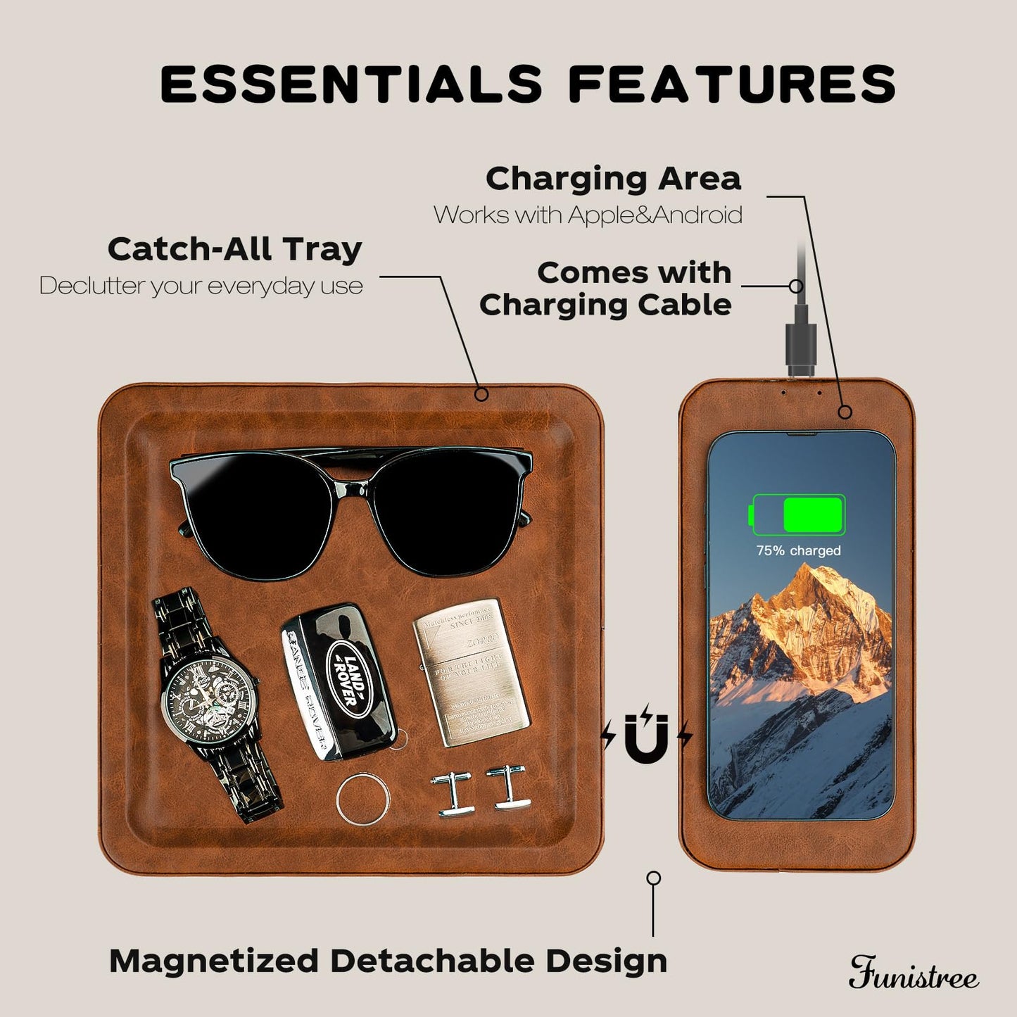 PU Leather Wireless Charging Station and Valet Tray, Gift for Men Husband Dad from Wife Daughter Son, Nightstand Organizer for Men Women, Boyfriend Anniversary Birthday Gifts for Him