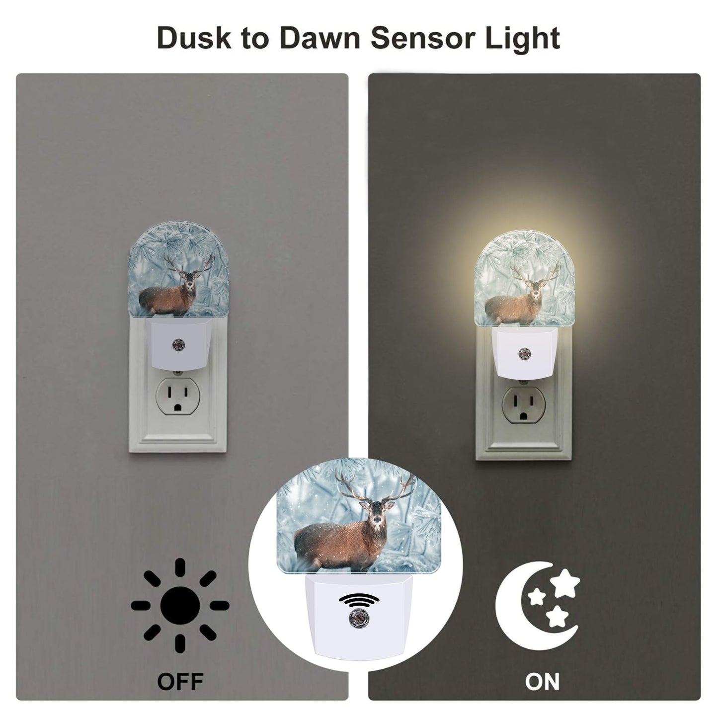 sndheke Red Deer in Winter Forest Night Light Plug into Wall, Beautiful Christmas Scenery Dusk to Dawn Night Light Plug in,0.5w Energy Saving Sleep Friendly NightLight for Kids Boys Girls Home Decor