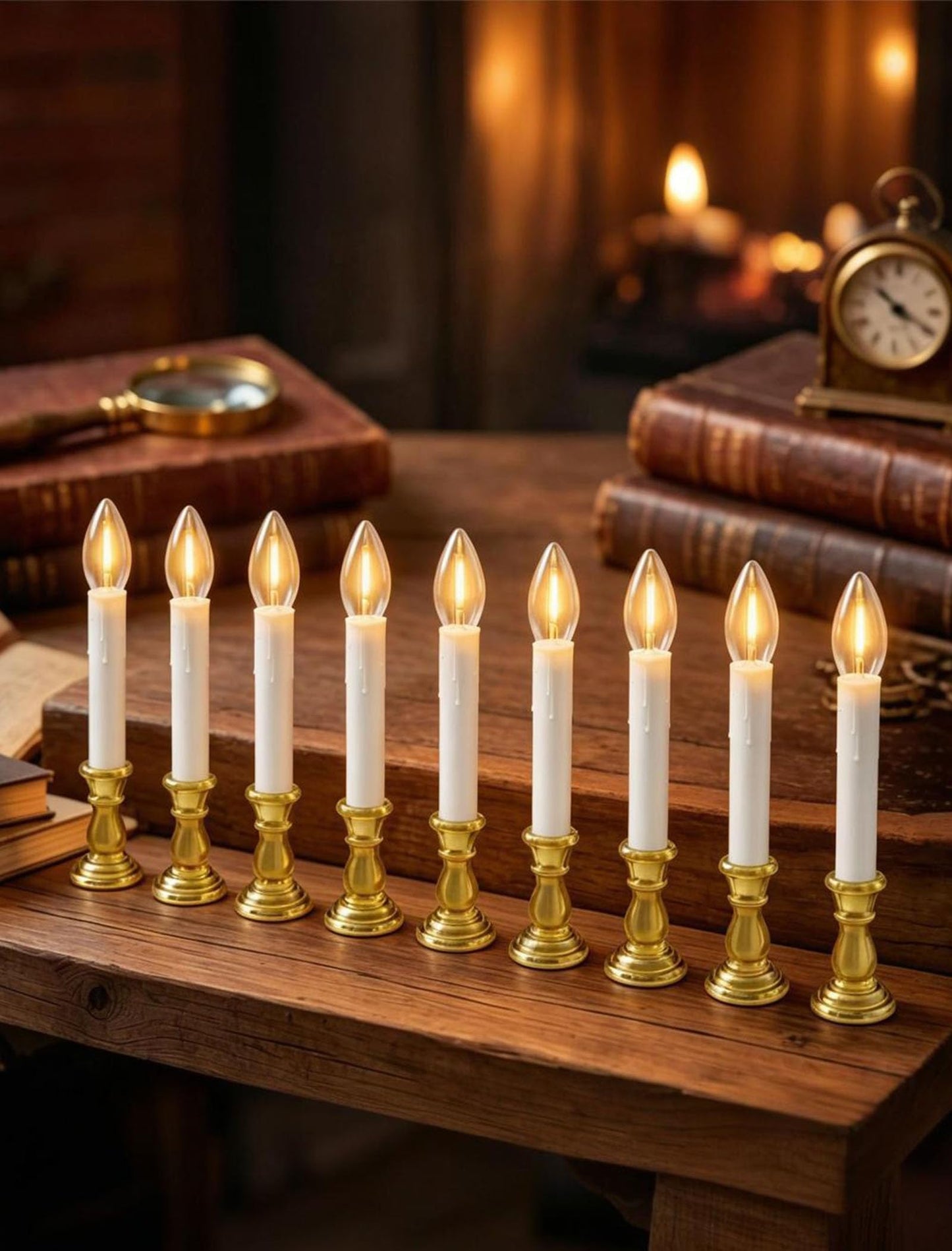 10 Pack Flameless Window Candles with Timer (6H/18H), Christmas Warm White LED Candlesticks, Gold Base & Suction Cups, Battery Operated Window Lights for Indoor Home, Wedding, Party & Holiday Décor