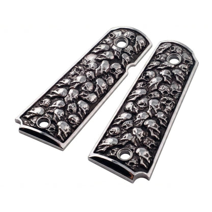 1911 Grips – Aluminum Alloy Pewter Finish Skull Design – Compatible with Colt, Kimber, Springfield, Rock Island, S&W and 1911 Government Model Clones – Full Size Frame, No Ambi Safety