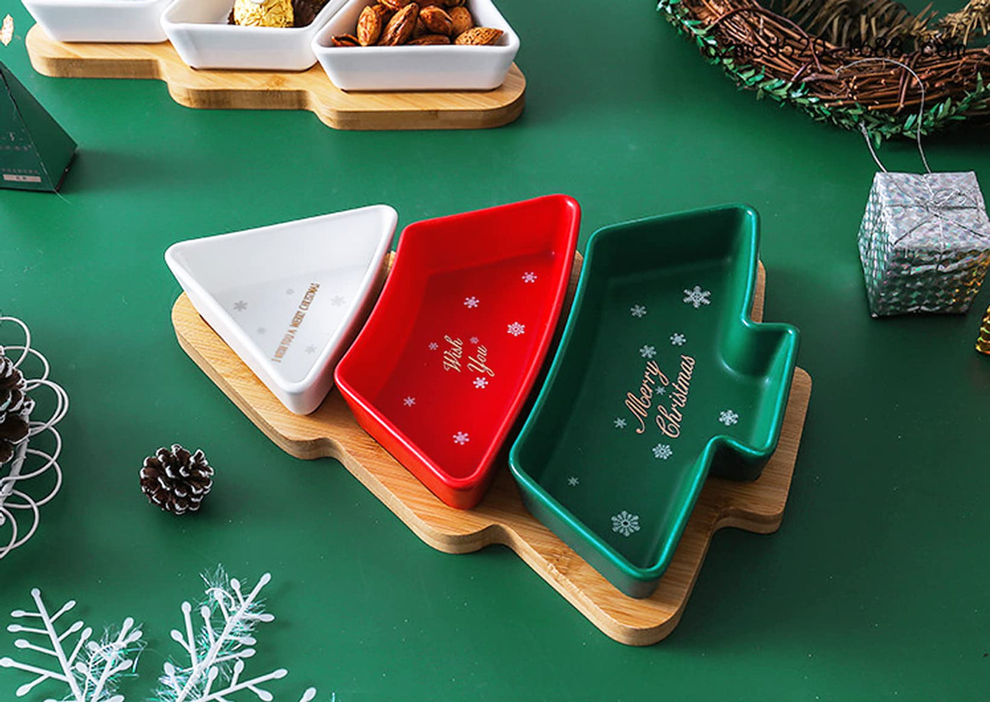 ROSE CREATE Colorful 11.6 Inches Big Colorful Snack Appetizer Trays Set, Christmas Tree Dessert Serving Dishes, Snack Platter, 3 pcs Removable Porcelain Plates with Bamboo Tree Tray