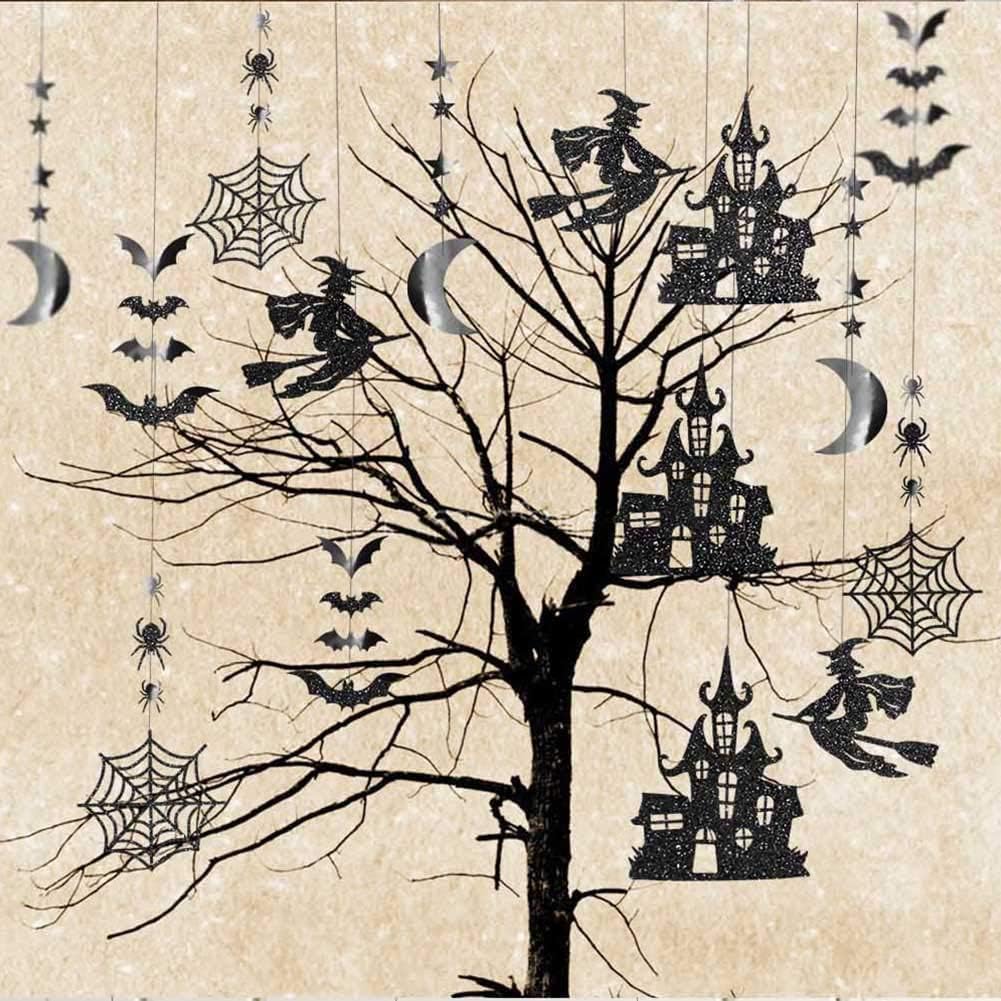 Cheerland Clearance Witch Decorations Gothic Hanging Banner Indoor Garland Glitter Black Decor Moon Star Glitter Garland Decoration Haunted House Witchcraft Decor Birthday Halloween Party Supplies