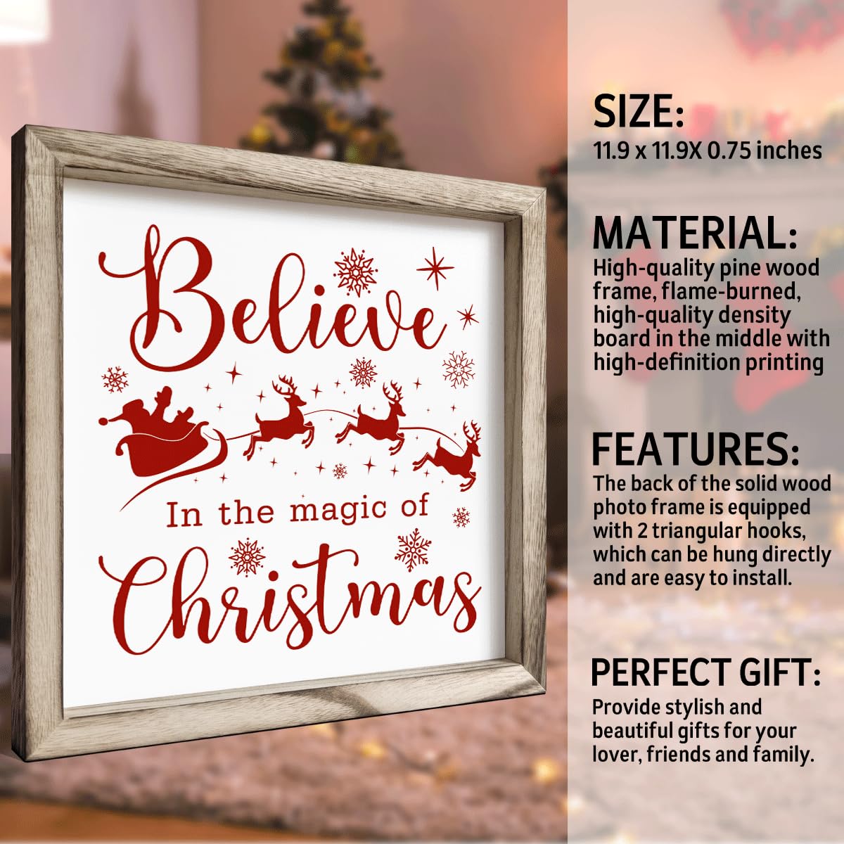 Christmas Wall Decor, Believe in the Magic of Christmas Quote Sign, Santa Sleigh Framed Wood Wall Accent for Cozy Living Room or Bedroom, MDF Holiday Hanging Plaque