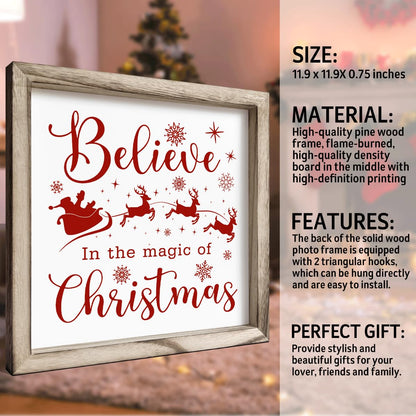Christmas Wall Decor, Believe in the Magic of Christmas Quote Sign, Santa Sleigh Framed Wood Wall Accent for Cozy Living Room or Bedroom, MDF Holiday Hanging Plaque