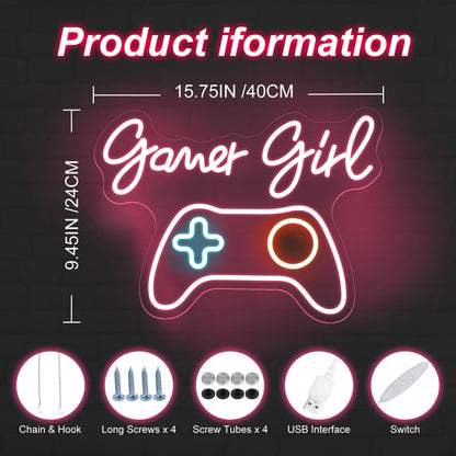 Gamer Girl Game Pad Neon Sign, Game Room Controller LED Neon Light Gamepad Wall Art Decor Home Bedroom Decoration Gift For Teen Boy Room Decor, Bar Decoration Best Gamer Gifts for Boys, Kids