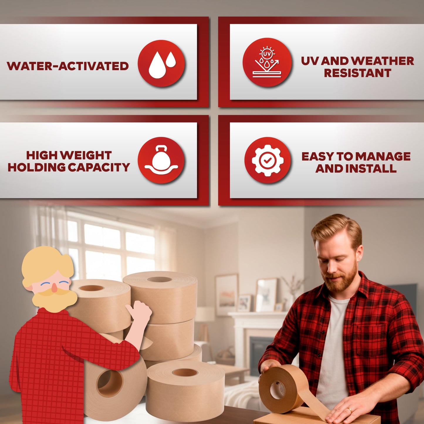 XFasten Water Activated Tape Brown with Reinforced Fiberglass Backing 2.75-Inch x 375-Feet (8-Pack, 3000ft Total) Water Activated Gummed Paper Tape Brown Kraft Paper Packaging Roll for Moving Boxes