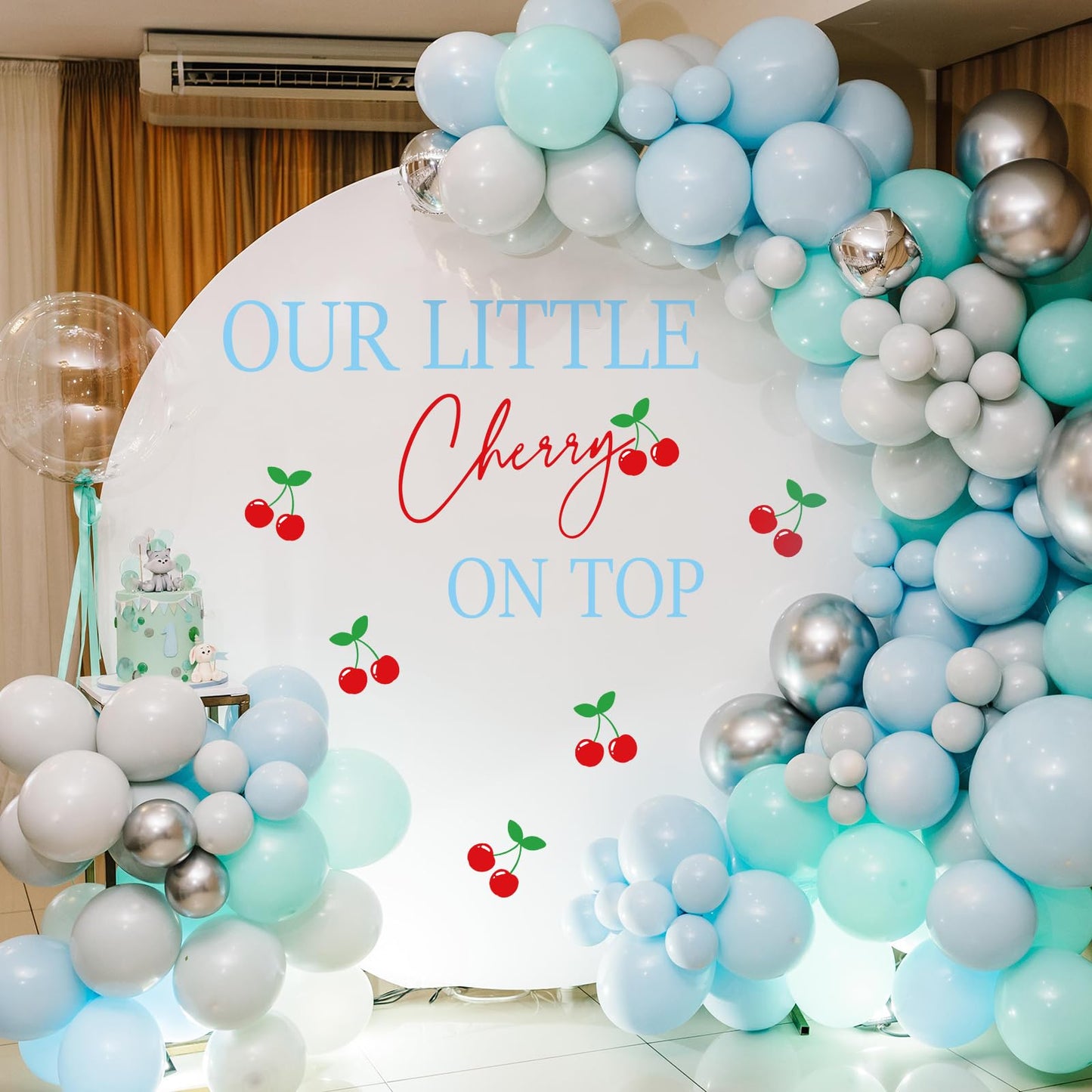 FYSUIMU Our Little Cherry On Top Decal Cherries Backdrop Decorations Party Stickers Red Blue Welcome Sign Decal for Balloon Arch Wedding Baby Shower Birthday