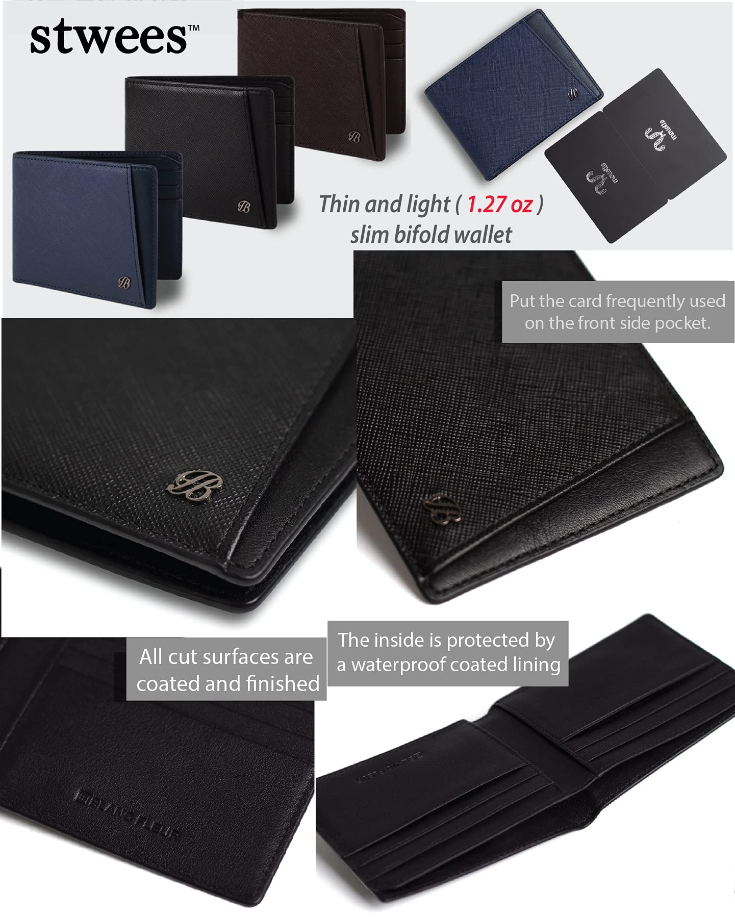 Maskfactory stwees bifold leather wallets - Ultra slim, RFID, Front pocket, slim, ID window (Pocket style B, Black)