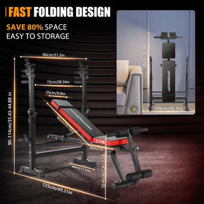 OPPSDECOR 600LBS 6 in 1 Weight Bench Set, Adjustable Bench Press Set and Squat Rack, Foldable Workout Benches for Home Gym, Incline Decline Flat Sit Up Strength Training Bench