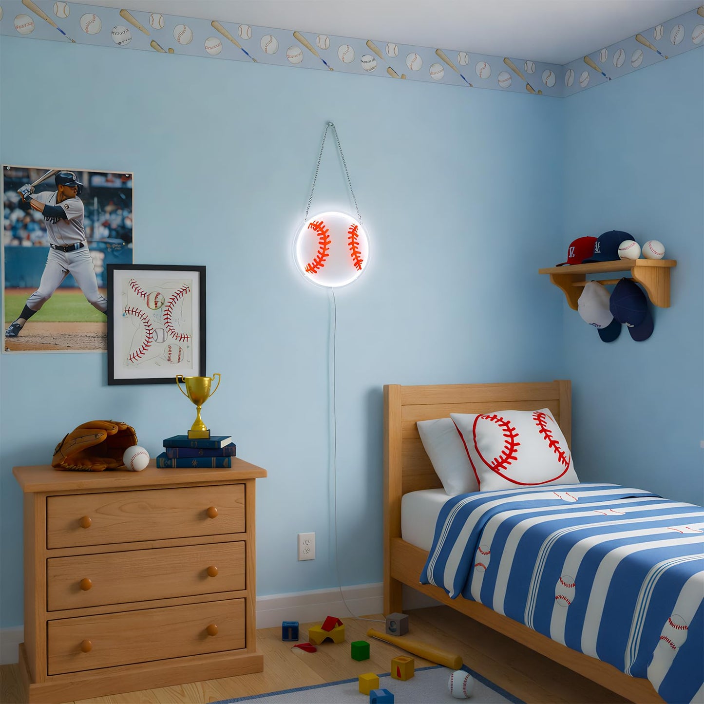 Baseball Gifts for Boys 8-12, Baseball Neon Sign for Wall Decor, Dimmable LED Light with Printed Design for Bedroom Sports Room Decor, 9 x 9 Inches
