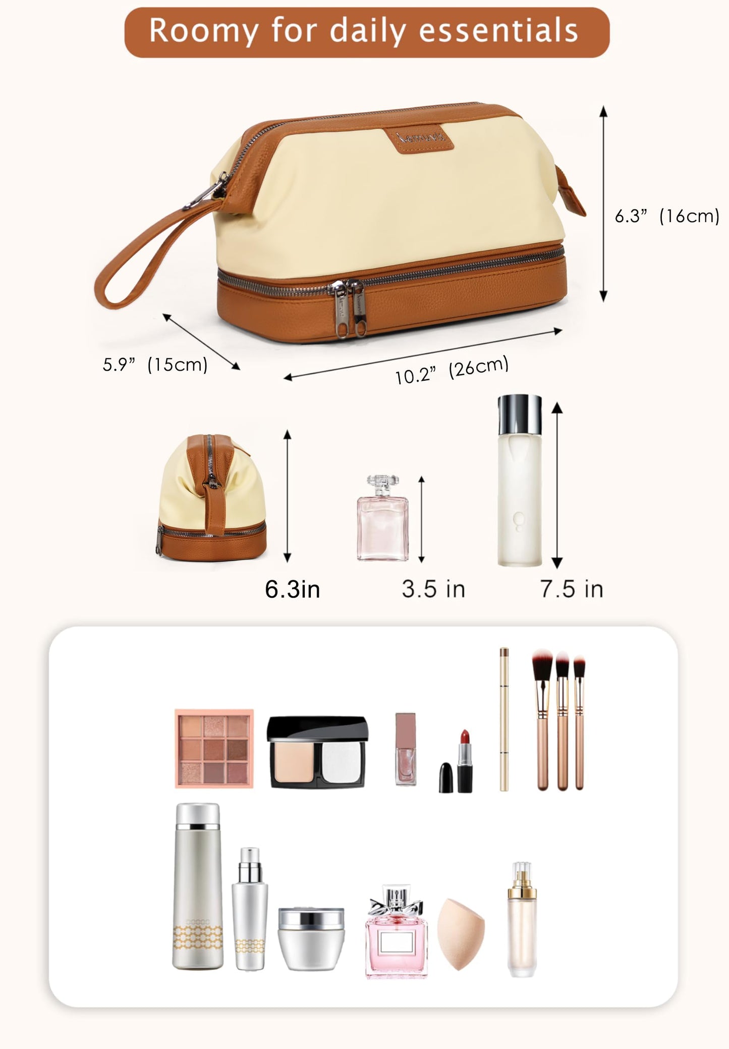 Lemuvlt Double-Layer Toiletry Bag, Water-Resistant Hybrid Leather Cosmetic Organizer with Wet/Dry Compartments, 26x15x16cm (Cream, Double layer)
