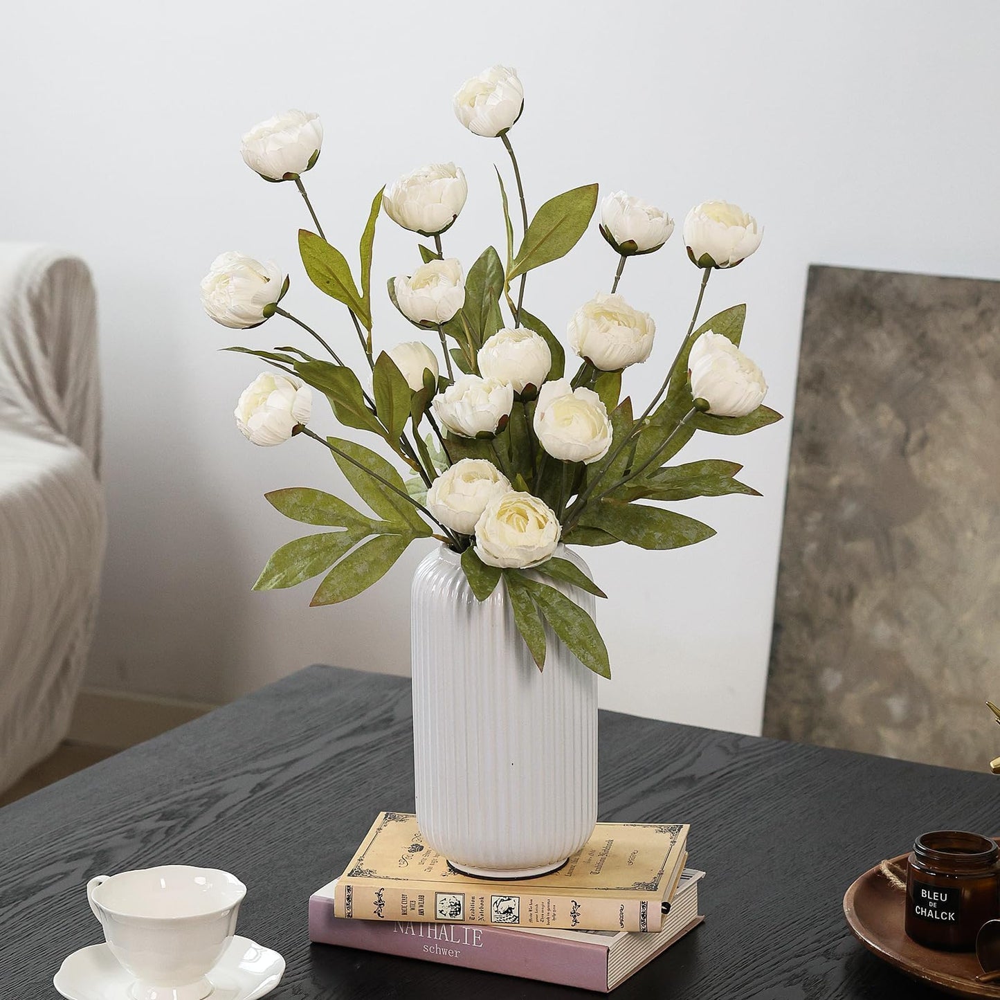 VIERENA 6 Pcs Faux Silk Peony Artificial Flowers for Vase -27", Bulk Fake Peonies Branches with Stems for DIY Bouquet Centerpieces Wedding Fillers Arrangements Shower Decorations (Cream)
