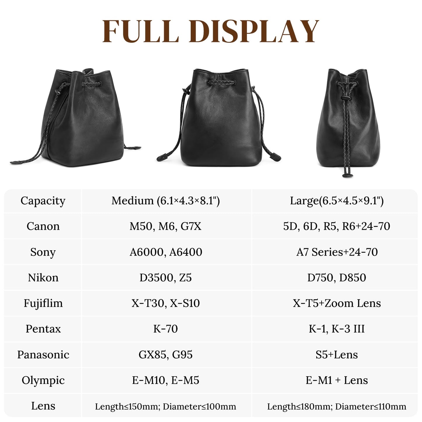 S-ZONE Genuine Leather Camera Bag Soft Camera Pouch DSLR Camera Case Handbag Drawstring Compatible with Mirrorless Cameras Canon Nikon Sony