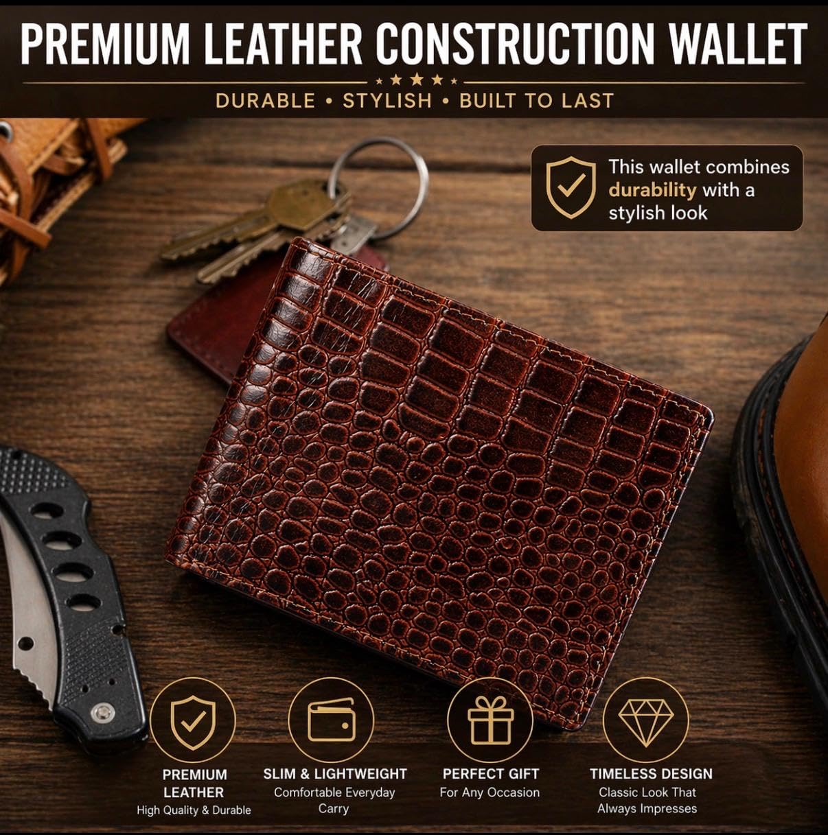 Beaaric Men’s Leather Wallet RFID Blocking Slim Bifold Wallet for Men with 9 Card Slots, 1 ID Window, 2 Hidden Pockets, Zip Coin Pocket & 2 Cash Compartments Stylish Brown Crocodile Pattern