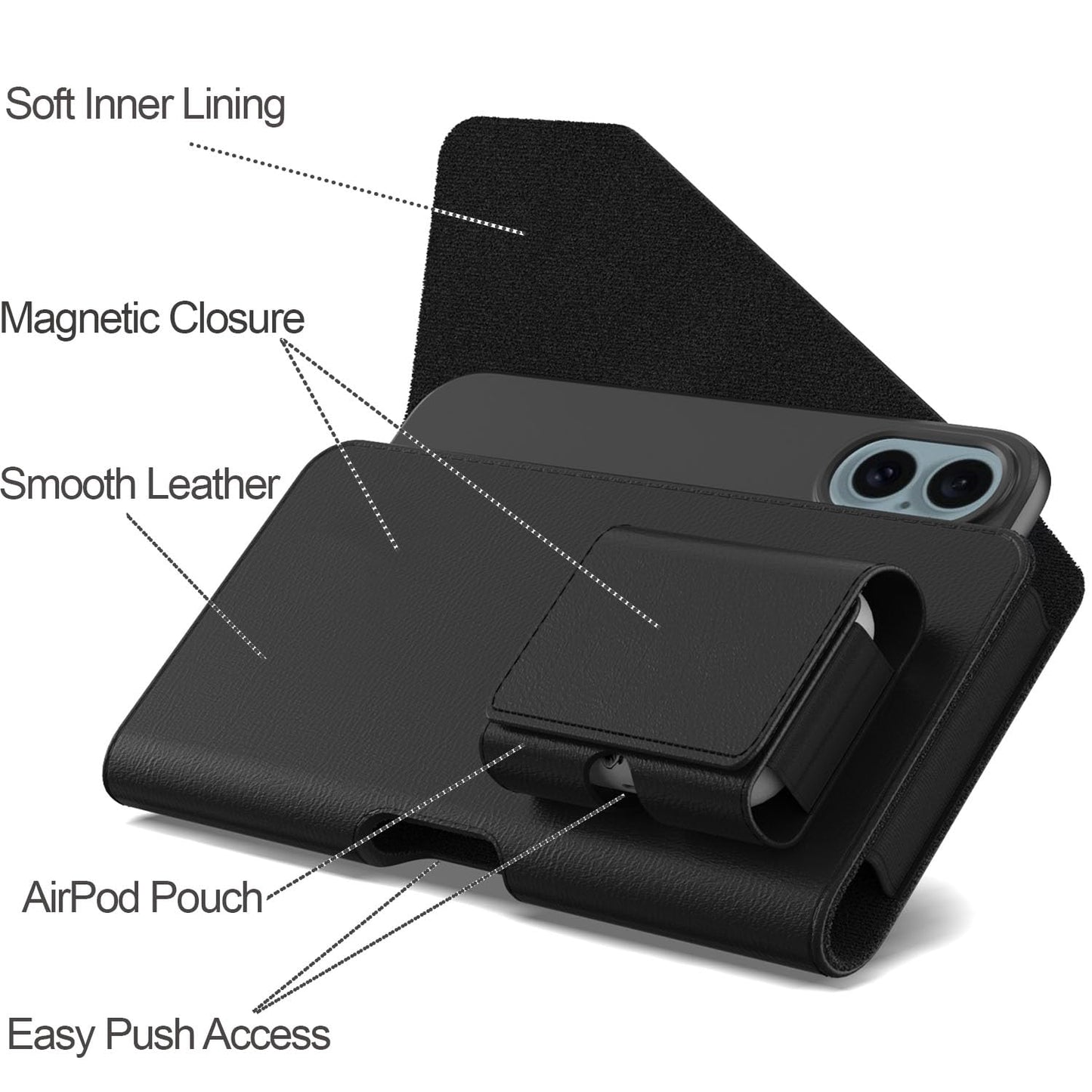 CoverON Holster with AirPods Holder for Apple iPhone 17e 17 Pro/ 16 16e 16 Pro /15 14 13 12 11 Pro/X Xr Xs Phone Case Belt Clip Earbuds Leather Pouch (Fits Otterbox or Any Case on)