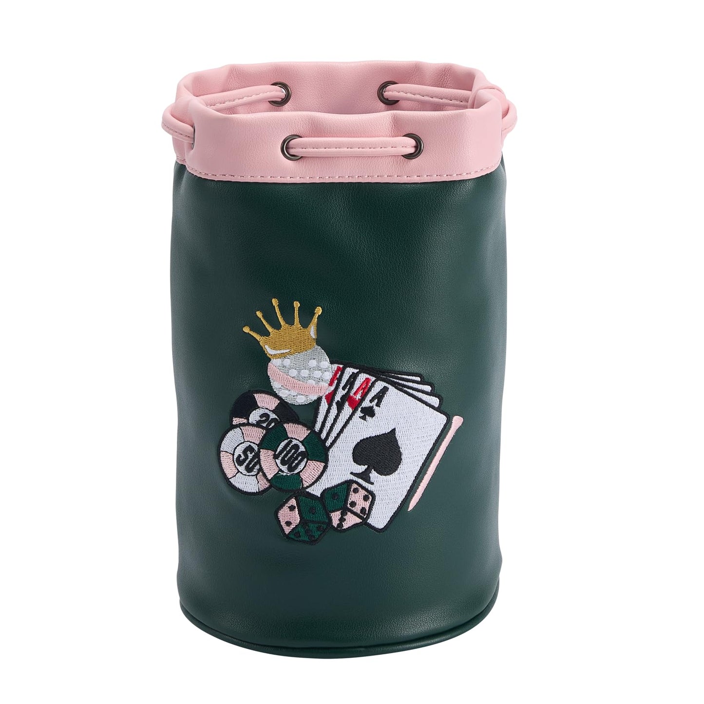 CROWNBLANKS PINKTEE Golf Valuables Pouch Leather Golf Tee/Ball Bag with Drawstrings Bucket Waist Design, Golf Accessories Organizer for Women Men(CASINO QUEEN)