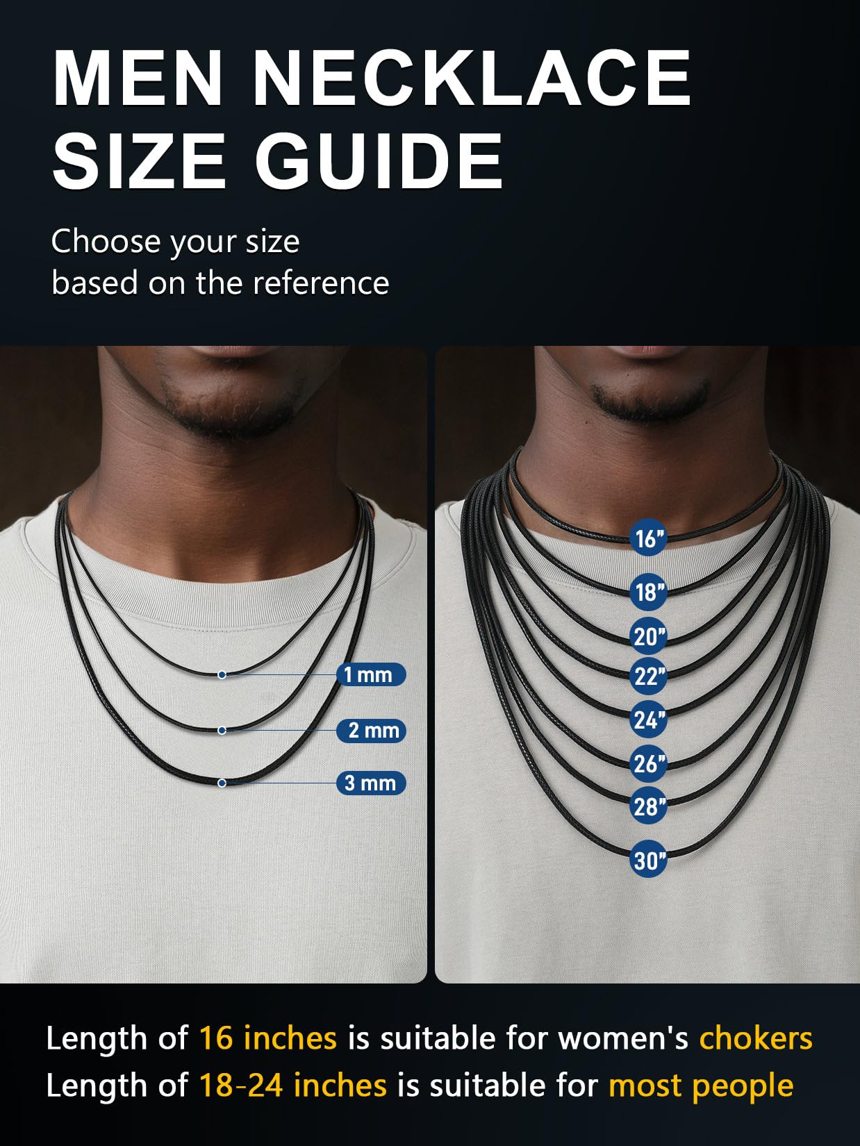 ChainsPro Leather Necklace Cord for Men, Black/Brown Waterproof Braided Wax Rope Chain with Stainless Steel Snap Clasp, 1.5/2/3mm Width Leather Cord Chain with Length 16"-30", Send Gift Box