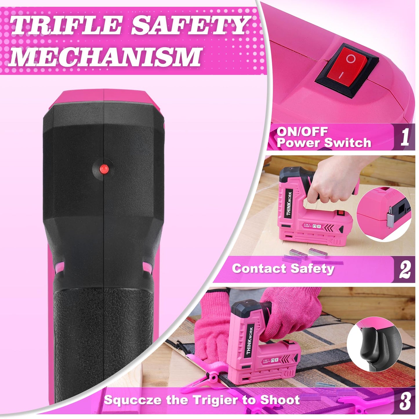 THINKWORK Pink Electric Staple Gun - 2 in 1 Nail Gun Battery Powered with 1000Pcs Staples and Nails, 4V Cordless Upholstery Staple Gun for Wood, Brad Nailer with USB Charger for Carpentry, Crafts, DIY