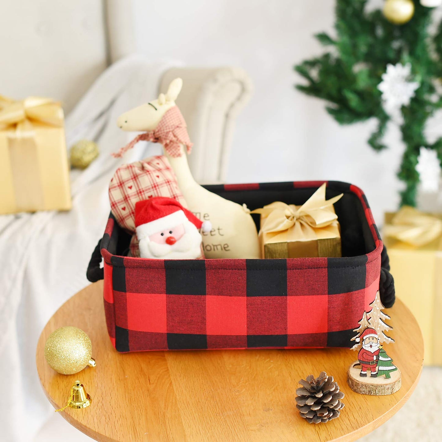 INough Red Christmas Baskets for Gifts Empty Red Gift Bag, Holiday Gift Baskets Empty Low Basket Buffalo Plaid Toy Bins Ornaments Storage Organizer for Baby Room, Kids Nursery, Home Holiday Decor