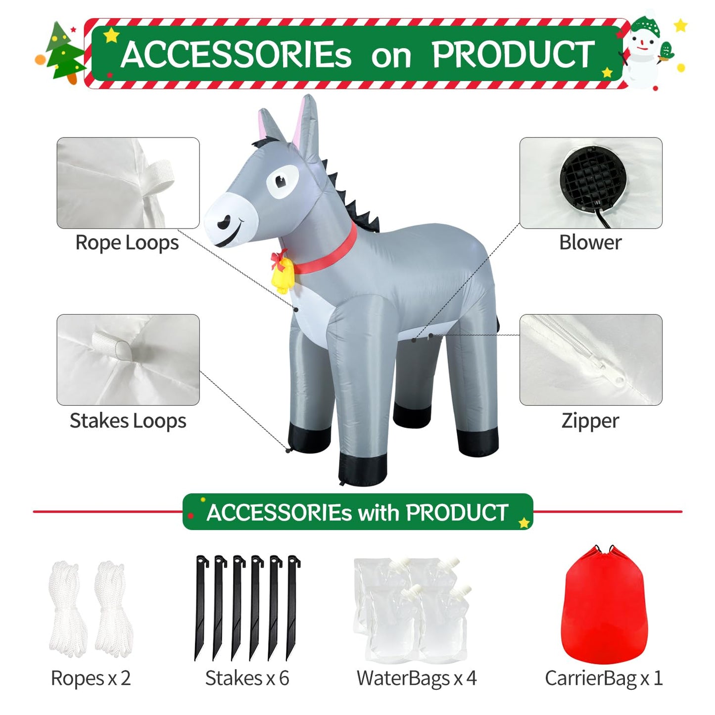 DomKom 6FT Donkey Inflatables Christmas Spring, Farm Ranch Blow up Animals Cute, Decorations Outdoor Yard Built-in LED Lights Big Large Decor Party Farm Lawn Holiday Outside