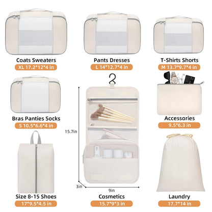 BAGAIL 8 Set Packing Cubes Various Sizes Packing Organizer for Travel Accessories Luggage Carry On Suitcase-Beige