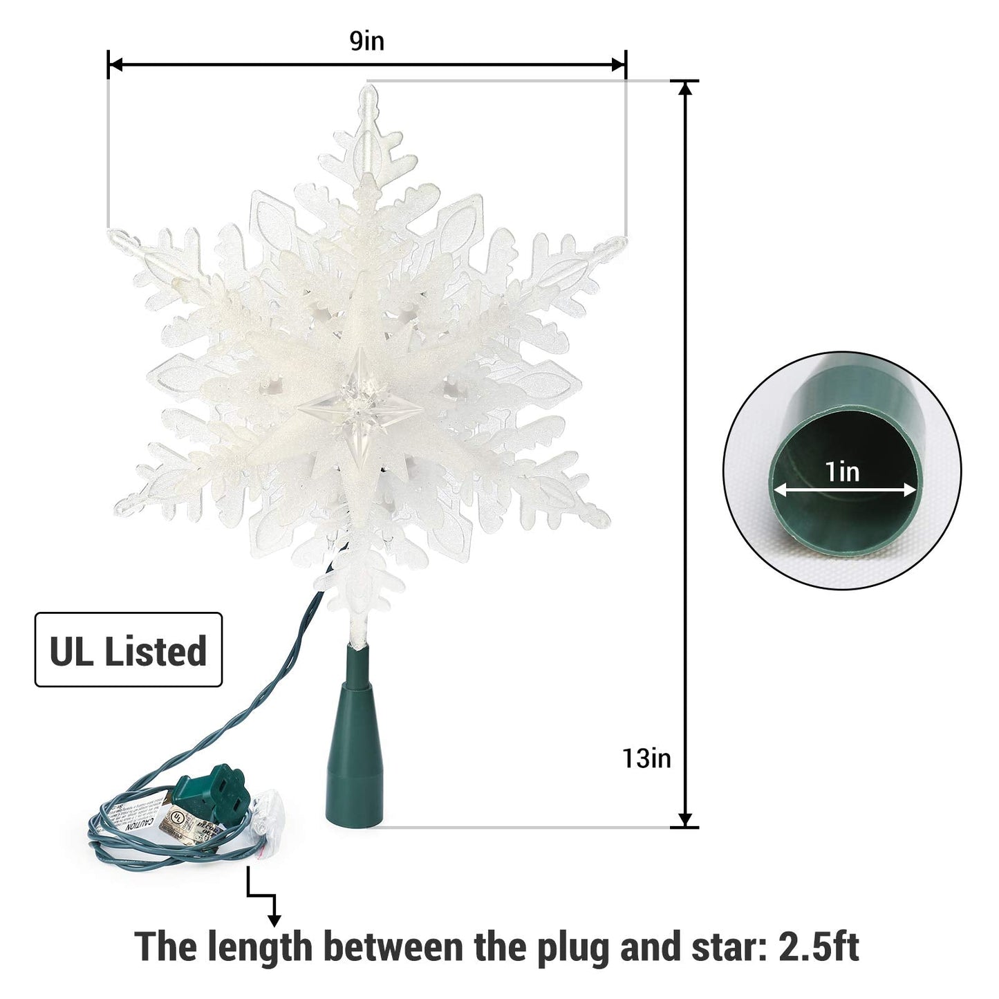 Brizled Christmas Snowflake Tree Topper, 9.25in Lighted Christmas Treetop with 20 Warm White Lights, 120V UL Certified Plug in Christmas Tree Top Star for Xmas Tree Indoor Party Home Office Decoration
