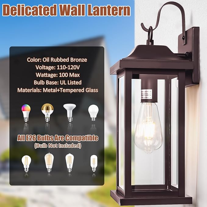 2-Pack 17 Inch Large Bronze Outdoor Light Fixtures, Exterior Vintage Outdoor Wall Sconces IP65 Waterproof Anti-Rust, Porch Lights with Clear Glass Outside Rustic Wall Lanterns E26 Bulb Base
