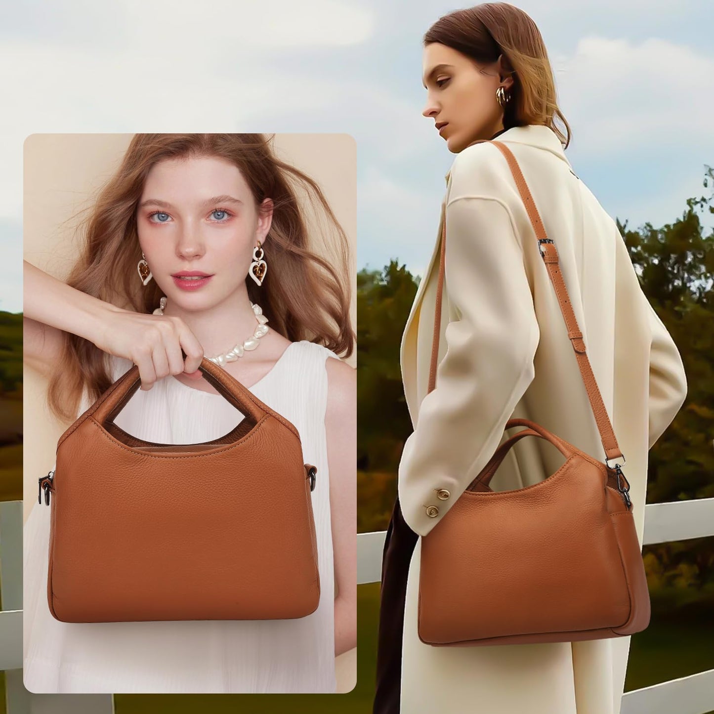 KOGTLA Genuine Leather Purses for Women with Detachable Satchel Strap, Ladies Handbags, Tote Hobo Bags Brown