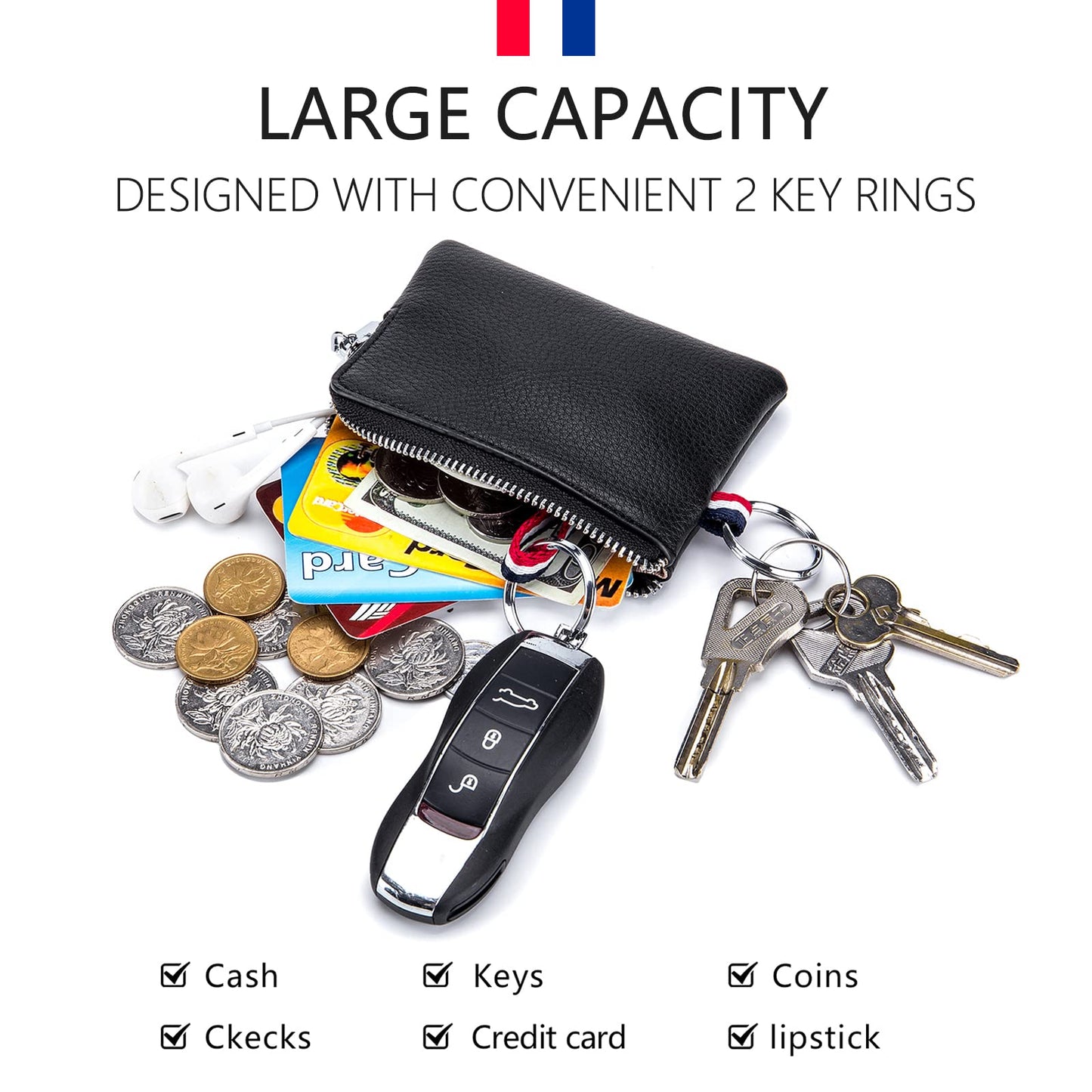 imeetu Leather Coin Purse Wallet, Mini Dual Keyrings Change Pouch Card Holder for Men Women (Coffee, standard)