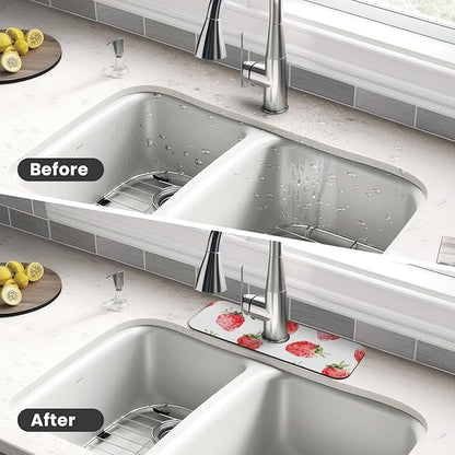 Faucet Draining Mat For Kitchen Sink, Watercolor Strawberries Diatom Mud