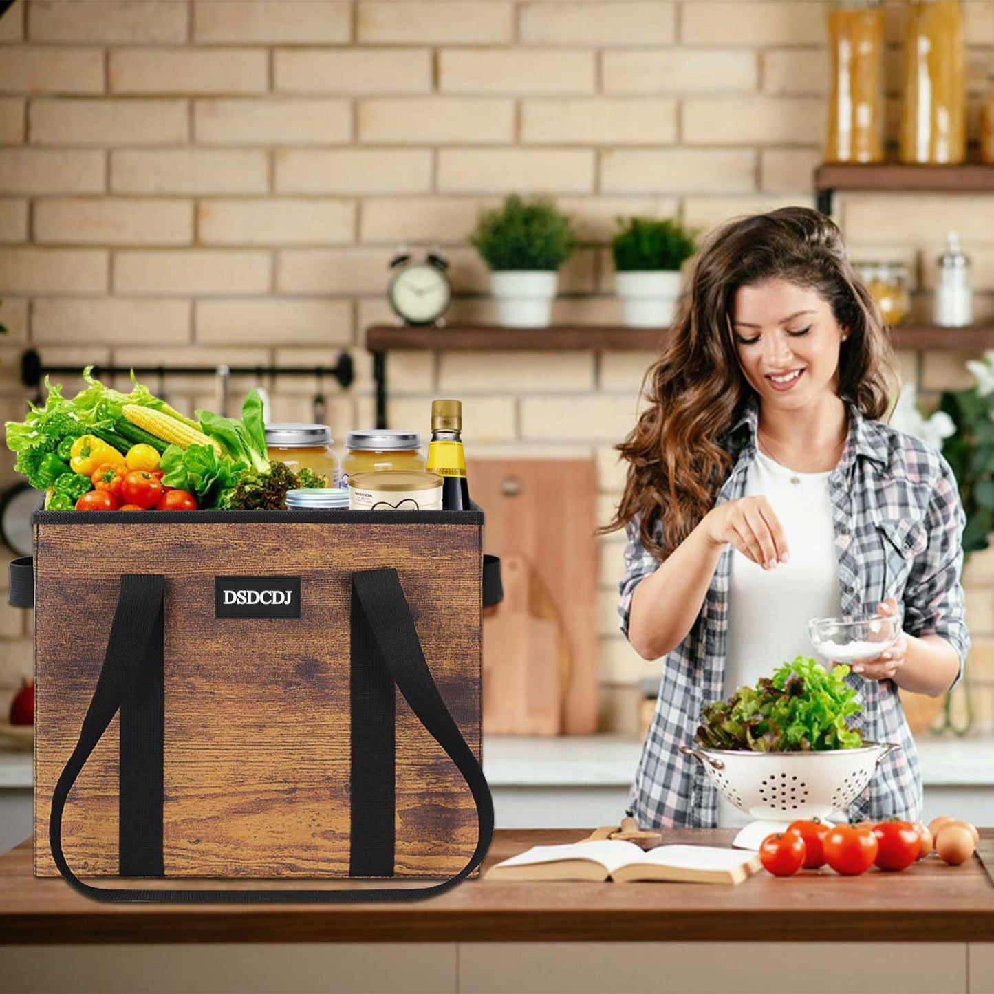 DSDCDJ Reusable Grocery Bags - Heavy Duty Reusable Shopping Bags with Hard Bottom & Long Handles, Foldable Large Utility Tote Bag with Box Shape to Stand Up - for Kitchen, Picnic, 3 Pack, Rustic Brown