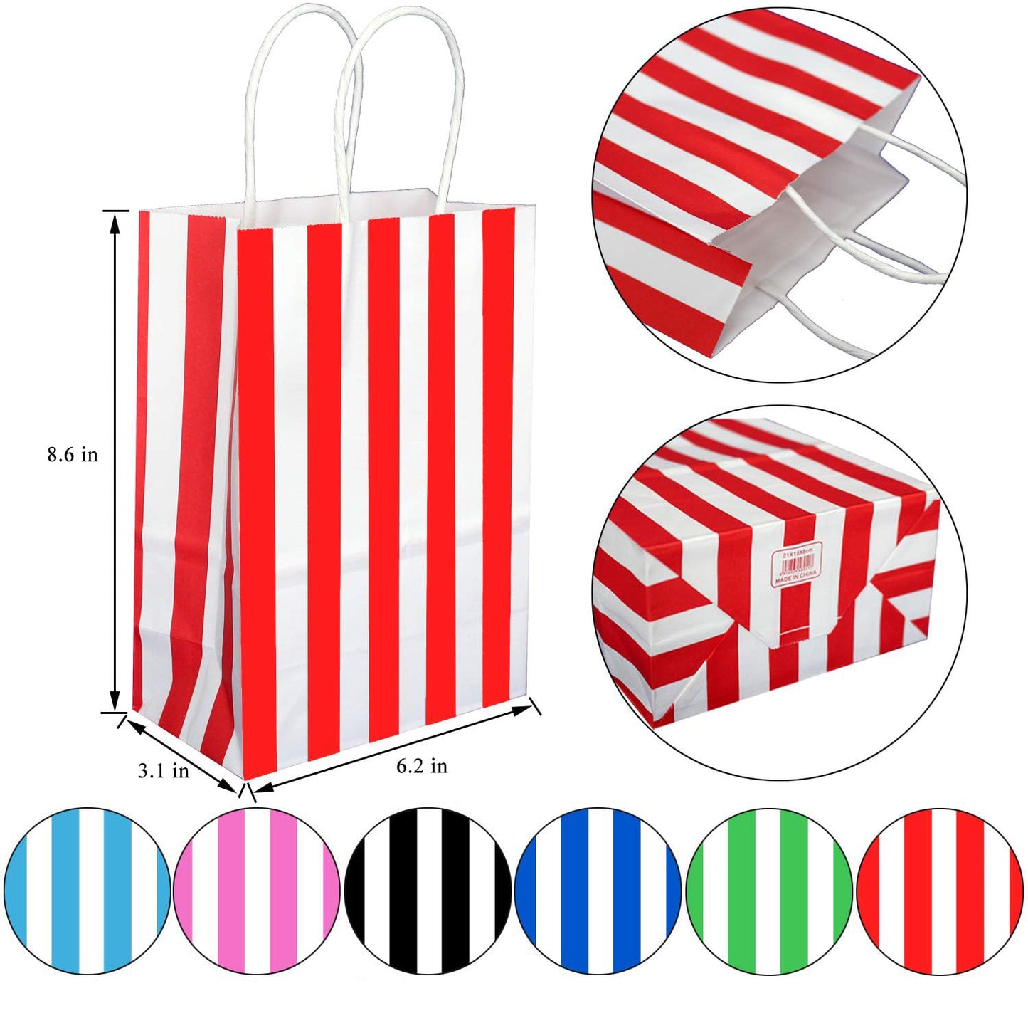 ADIDO EVA 25 PCS Red and White Striped Gift Bags Small Red White Stripe Bags with Handles for Party Favor (6.2 x 3.1 x 8.6 In)