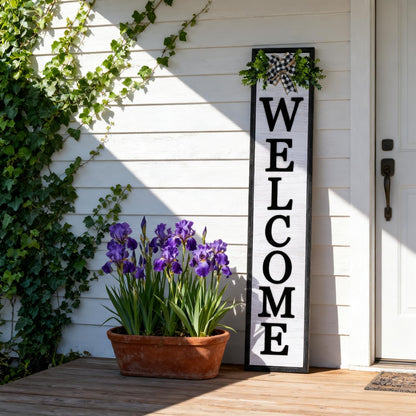 3D Outdoor Welcome Sign for Front Porch Standing 45"X9" Large Rustic Farmhouse Leaner Tall Vertical Soild Wooden Framed Plaque Modren Beautiful Outside Home Front Door Decorations (Black)