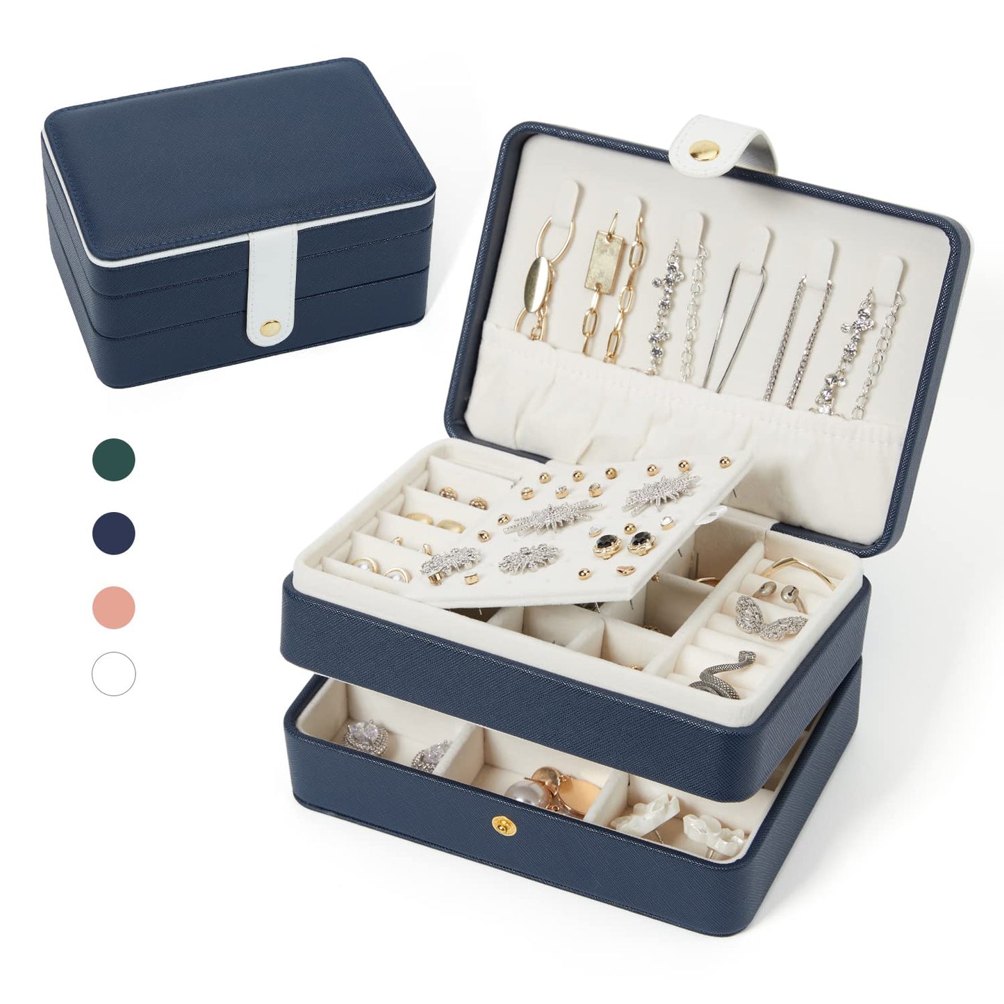BUTI4WLD PU Leather Travel Jewelry Organizer Case for Women & Girls, 2-Layer Portable Jewelry Box for Earrings, Rings, Necklaces, Bracelets, Compact Jewelry Storage (Blue, Small)