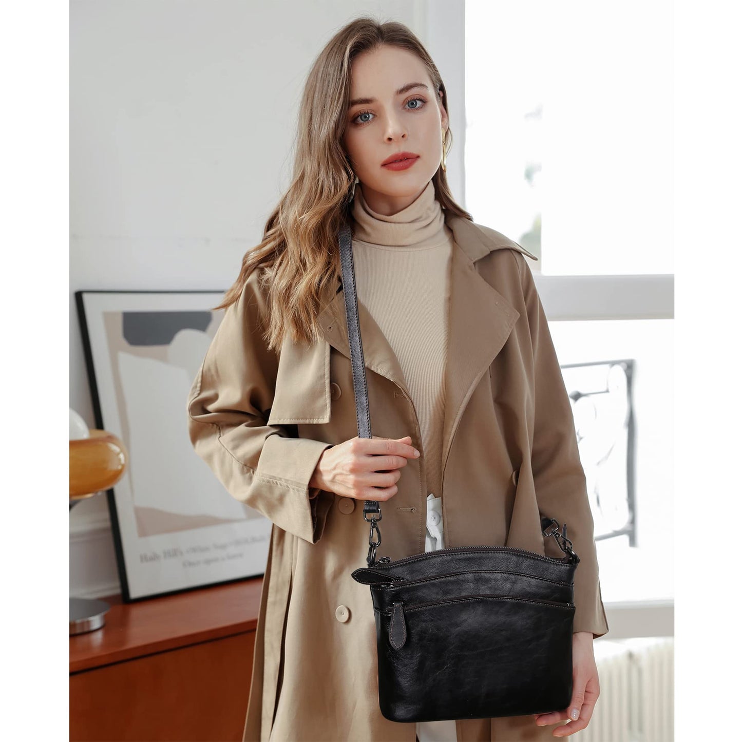 HESHE Crossbody Purses for Women Genuine Leather Purses and Handbags Designer Satchel Purse with Multi-Pockets Vintage Small Shoulder Bags Ladies Hobo Bag (Black)