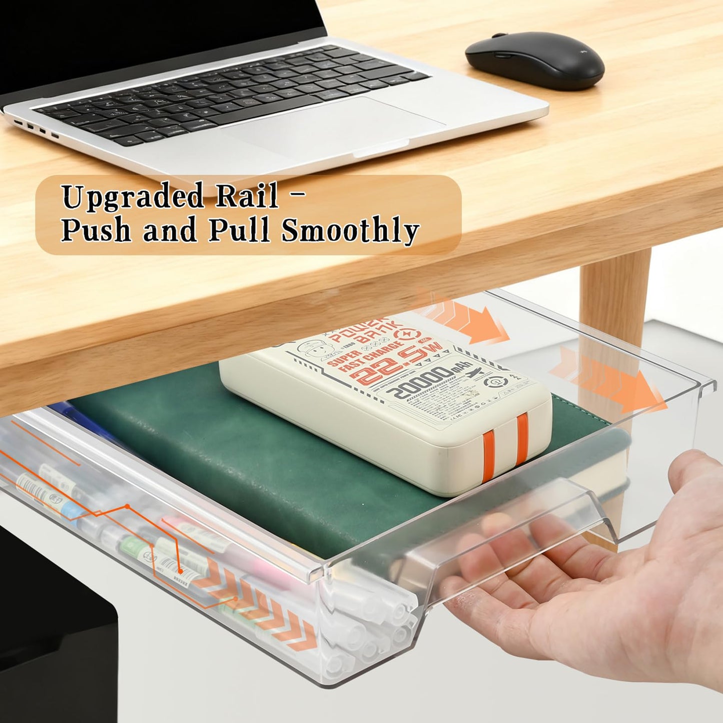 2 Pair Super Capacity 11.85 "x 8.9" Under Desk Drawer Hidden Strorage Drawer Self-Adhesive Slide Out with Smooth Gliding Motion - Attachable & Space-Saving Under Desk Organizer with Screw Kit, Clear