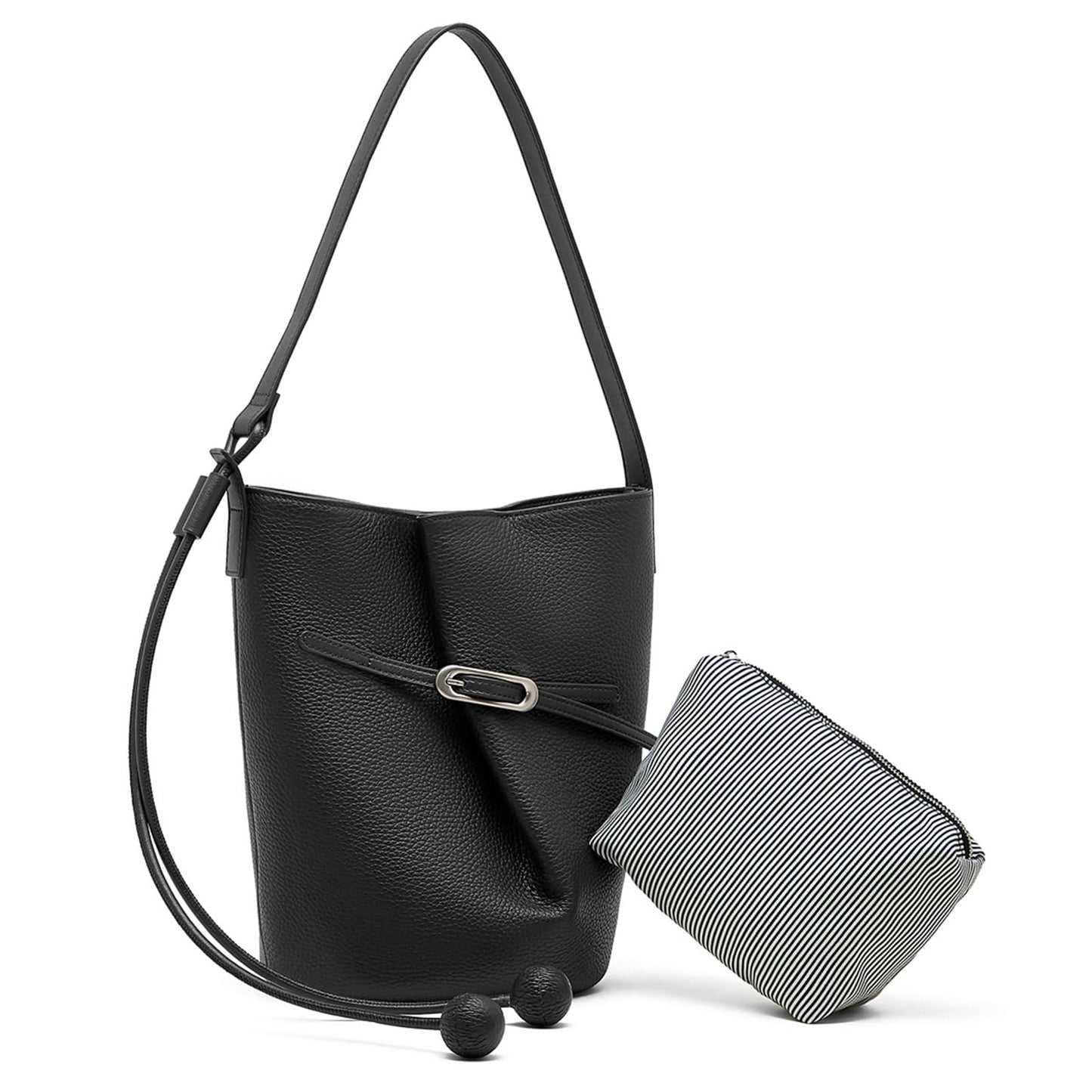 MoreFarther Genuine Leather Bucket Bag for Women, Adjustable Shoulder Bag for Work, Travel, Everyday Use (Black)