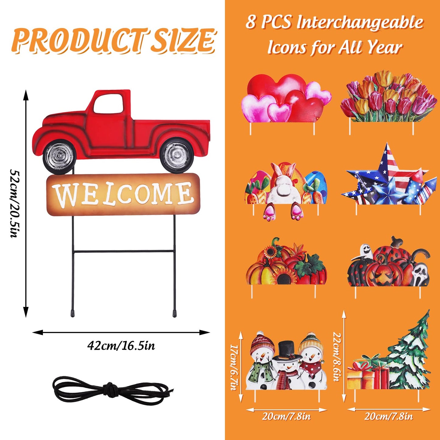 Whaline 4th of July Metal Yard Stakes Patriotic Welcome Interchangeable Garden Stake Red Truck Decor Set with Seasonal Sign Loads, Set of 9