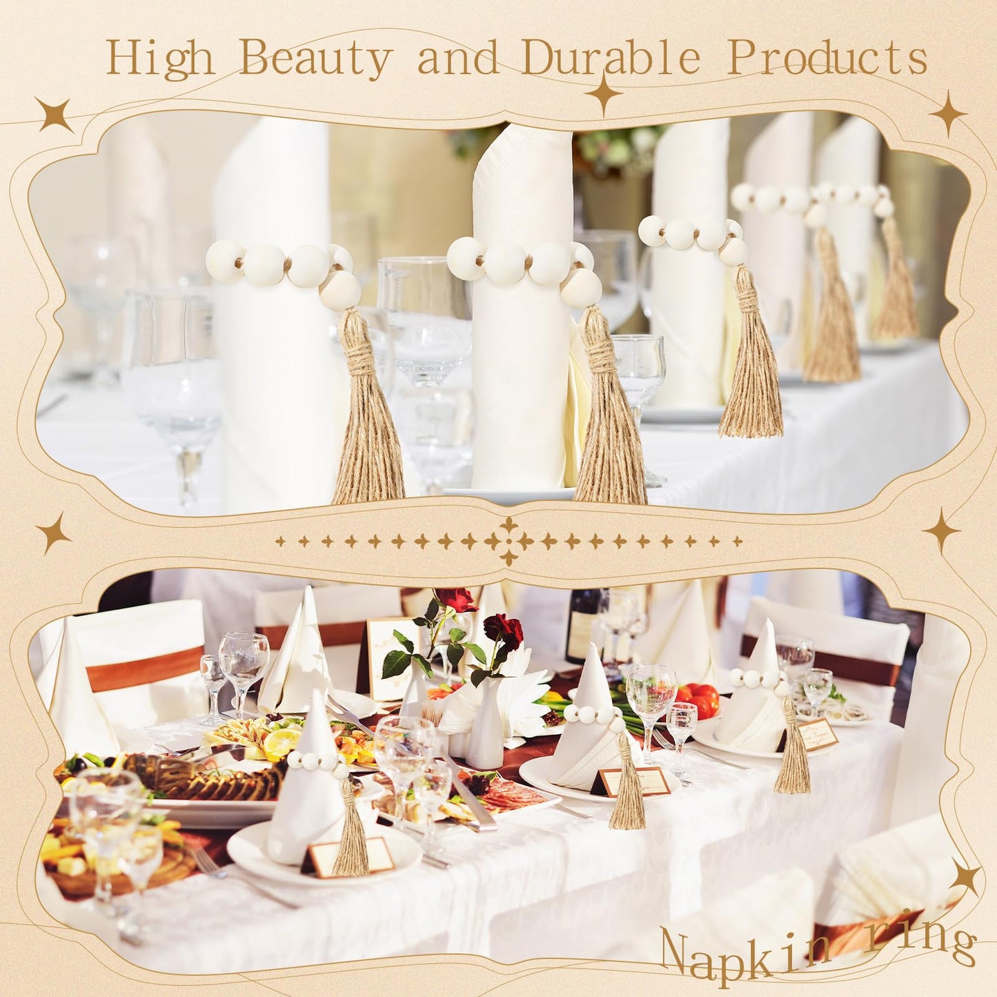 Maxcheck 60 Pcs 60 Pcs Wood Bead Napkin Rings with Tassel Handmade Wooden Farmhouse Napkin Ring Holders for Tabletop Dining Party Wedding Gathering Home Decoration (Rustic)