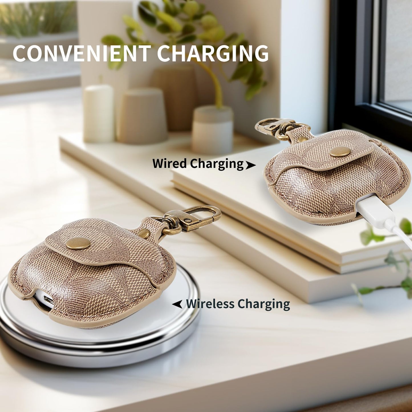 for AirPods 4 Case Cover 2024, Leather Full-Body Protective Case for AirPods 4th Generation Wireless Charging Case for Women Men with Keychain-Brown