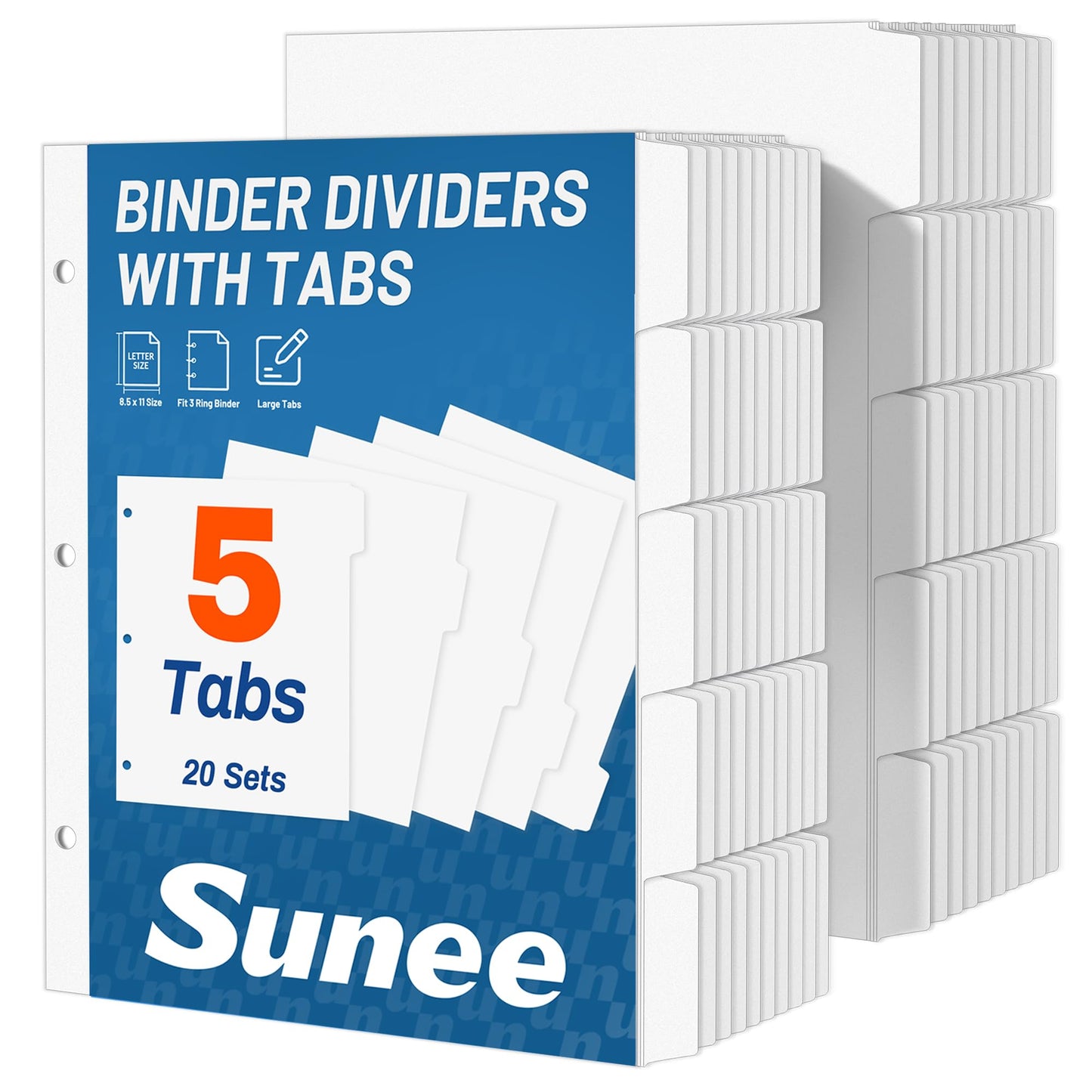 SUNEE Binder Dividers with Tabs for 3 Ring Binder, 8.5 x 11 Paper White Binder Dividers Blank with 5 Tabs, 20 Sets Page Dividers for School, Office and Home, 100 Dividers
